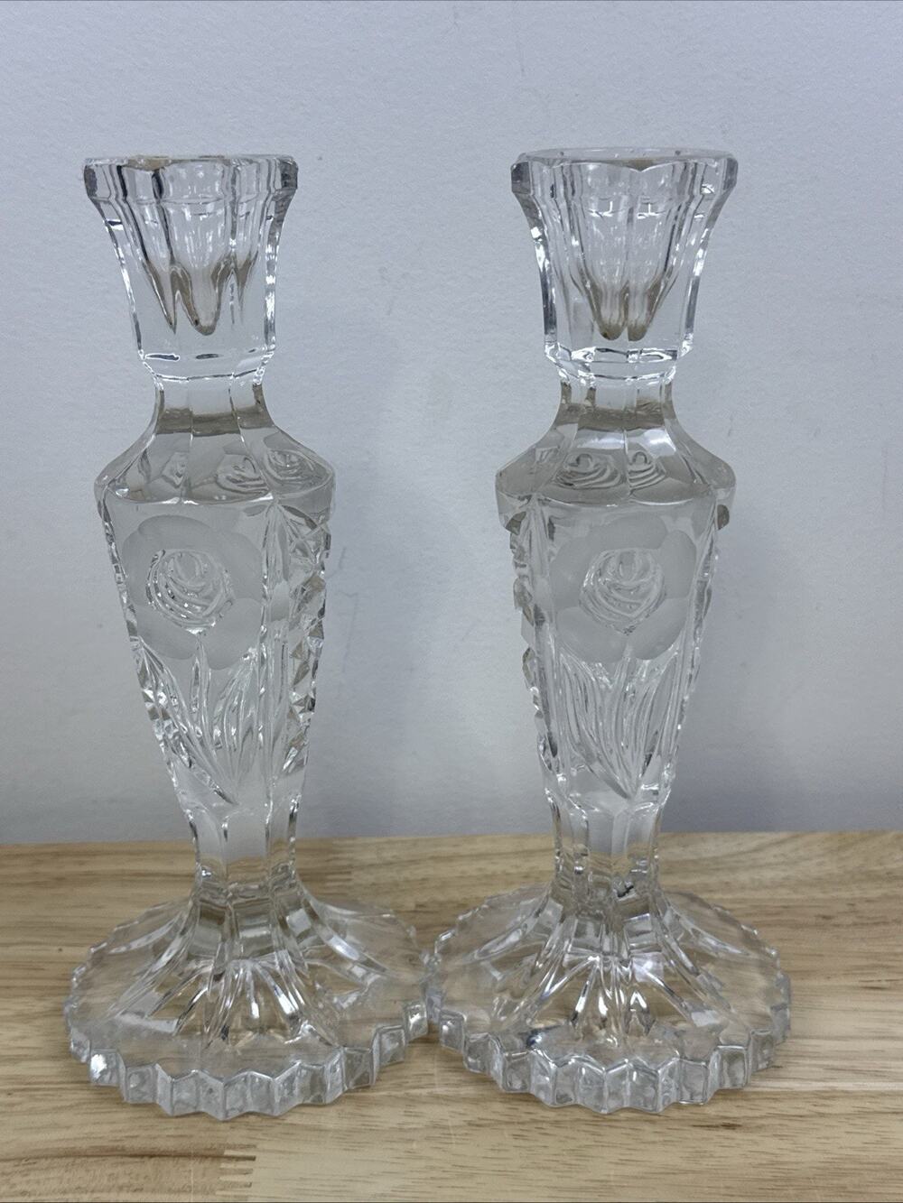 Vtg Hand Cut Lead Crystal Candle Stick Holders Italy Frosted Rose Deluxe 8" READ